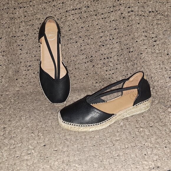 TONI PONS-Erla-Black Leather Strappy Espadrilles-Sz 38/7.5-Near Mint - Picture 1 of 8